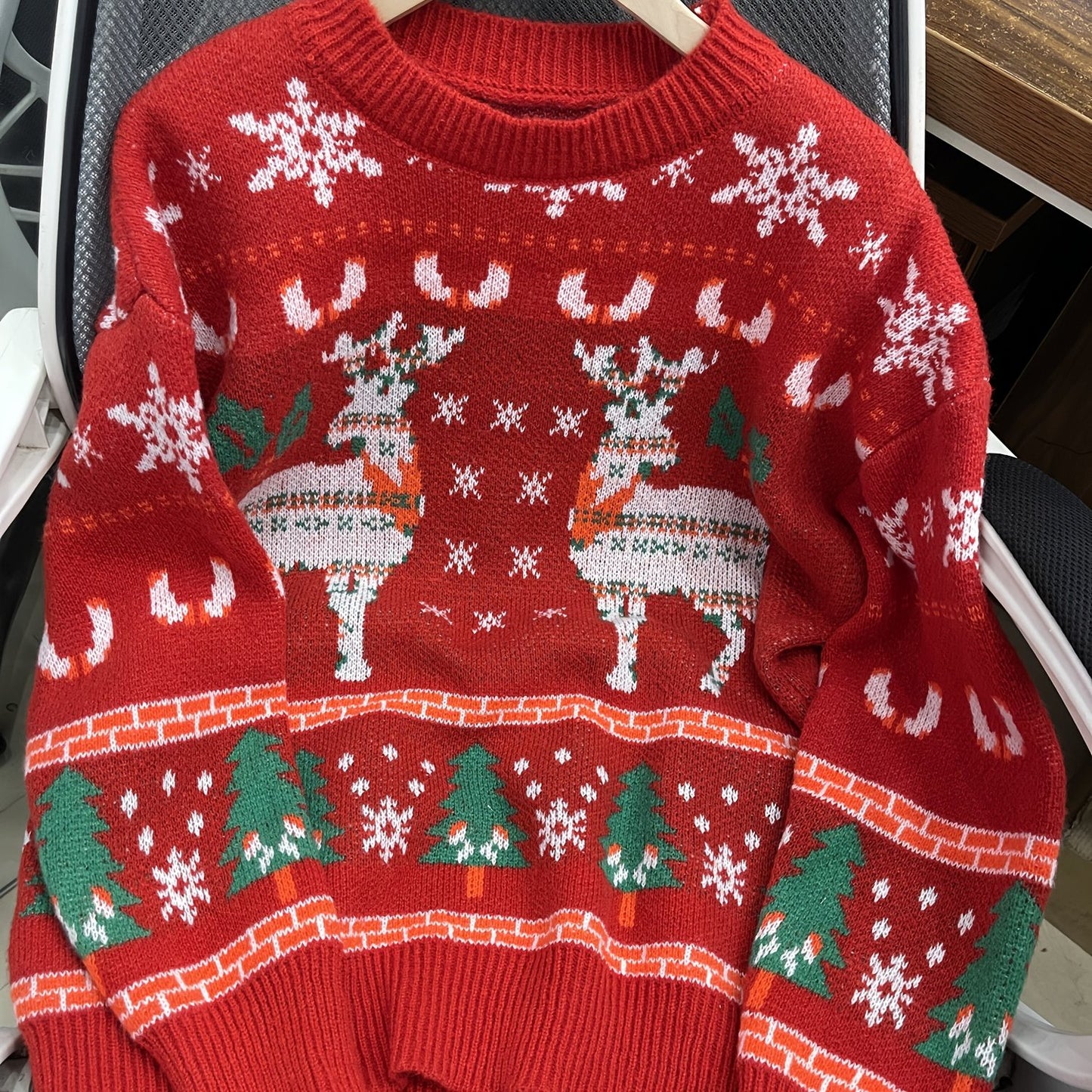 Christmas Pattern Crew Neck Pullover Sweater, Cute Long Sleeve Loose Cotton Sweater, Women's Clothing