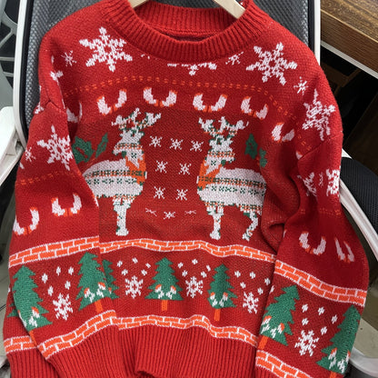 Christmas Pattern Crew Neck Pullover Sweater, Cute Long Sleeve Loose Cotton Sweater, Women's Clothing