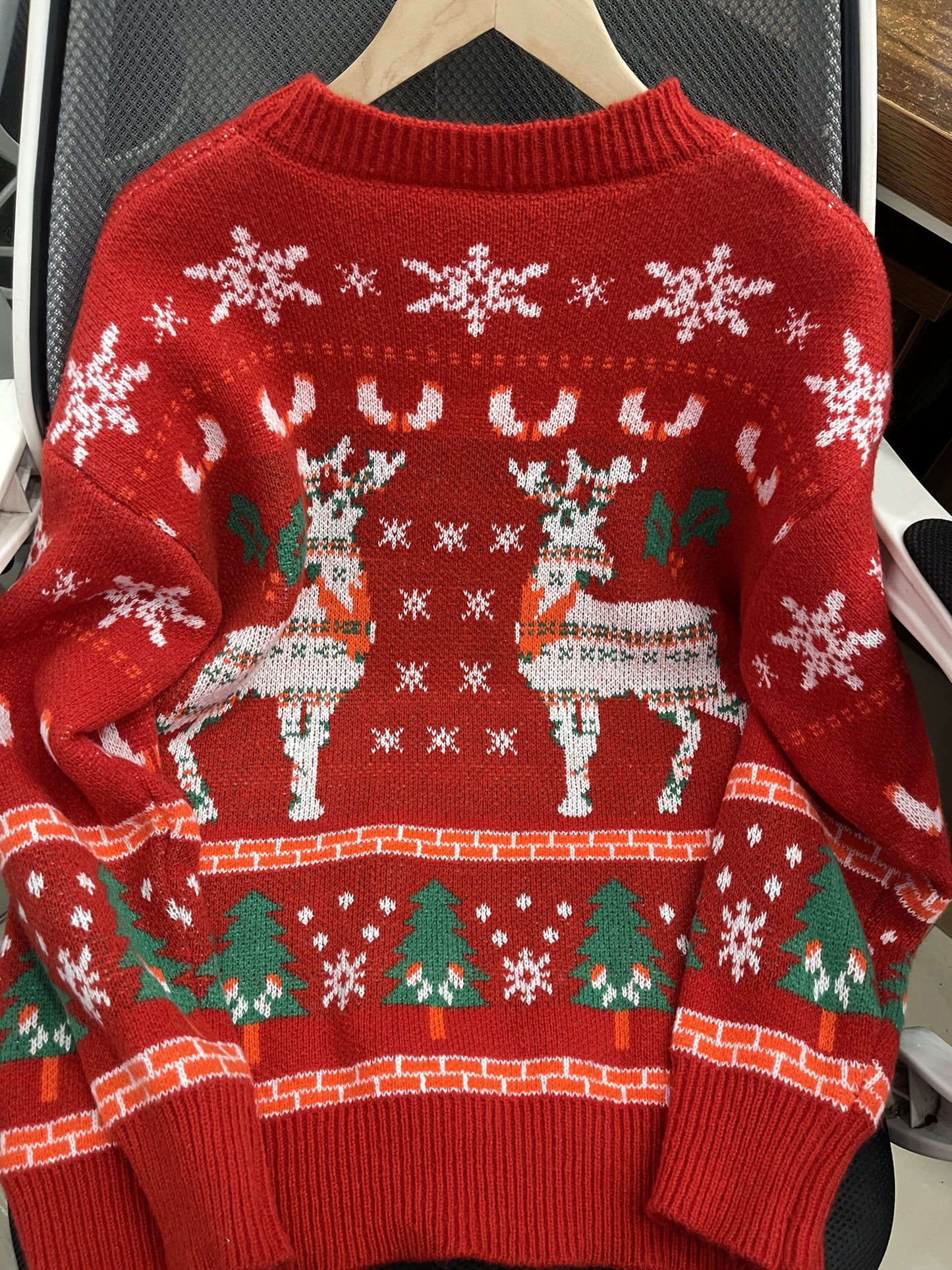 Christmas Pattern Crew Neck Pullover Sweater, Cute Long Sleeve Loose Cotton Sweater, Women's Clothing