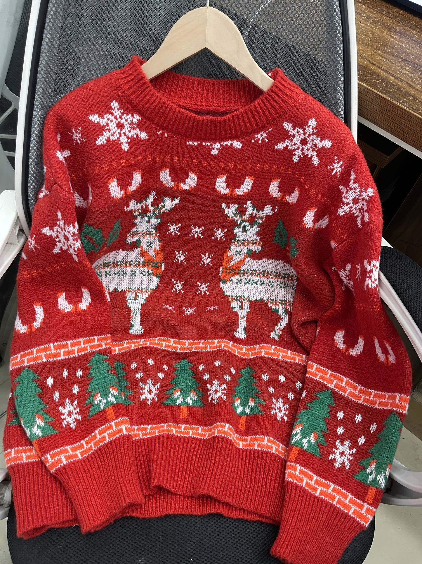 Christmas Pattern Crew Neck Pullover Sweater, Cute Long Sleeve Loose Cotton Sweater, Women's Clothing