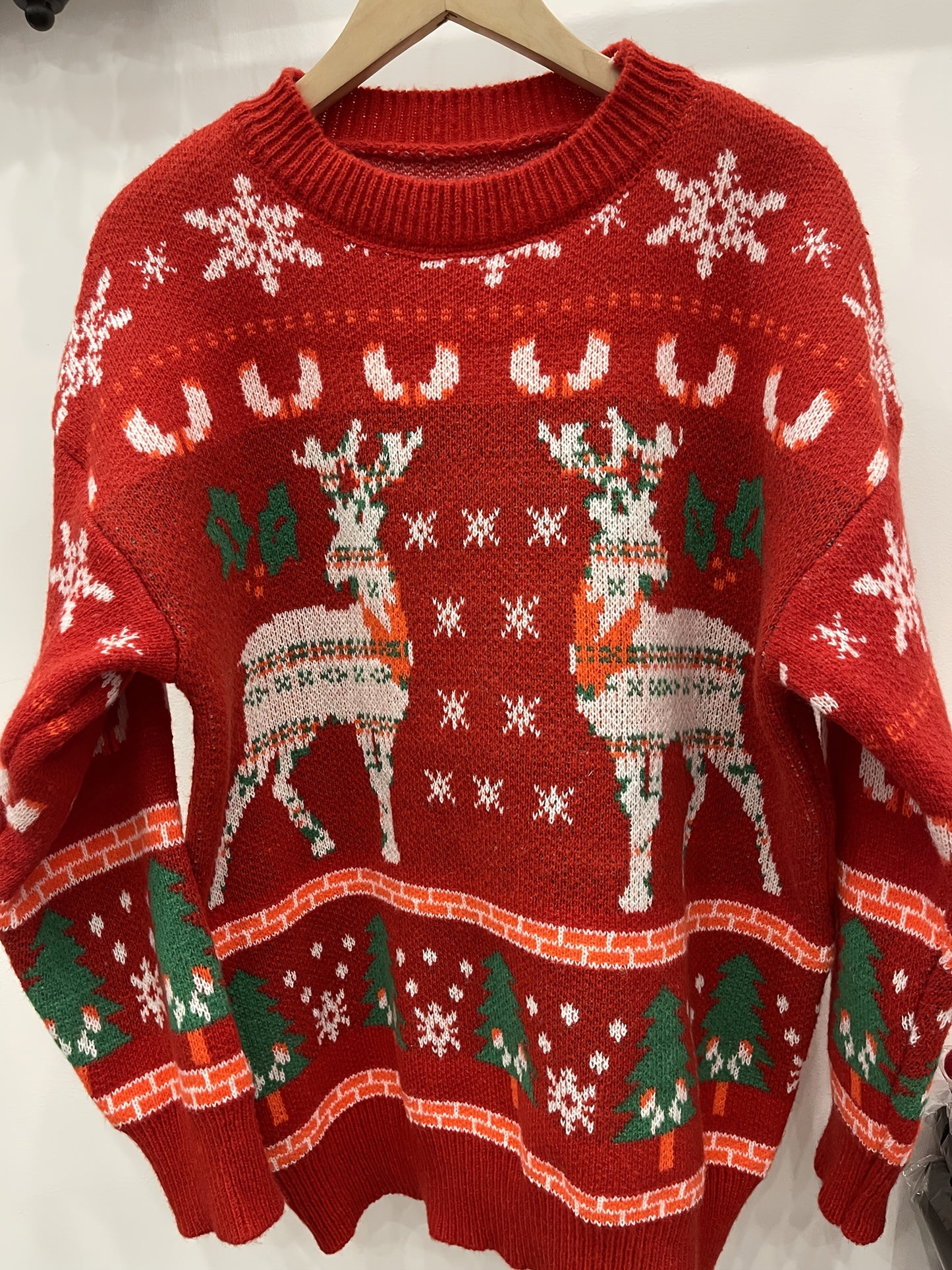 Christmas Pattern Crew Neck Pullover Sweater, Cute Long Sleeve Loose Cotton Sweater, Women's Clothing